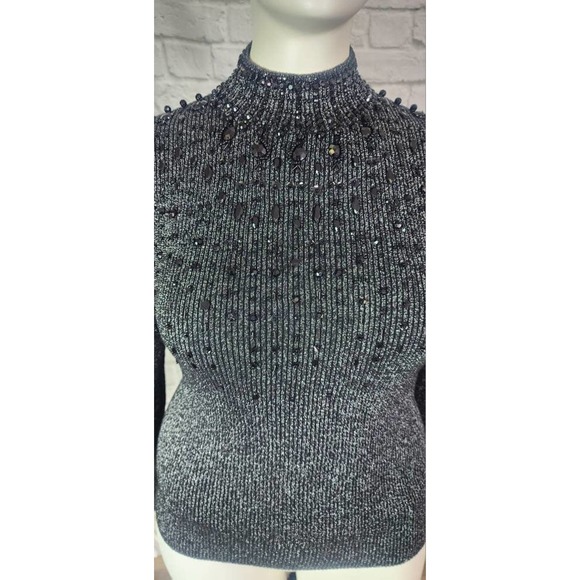 00s 90s Metallic Silver black beaded ribbed turtle neck Sweater size Large - Picture 5 of 5
